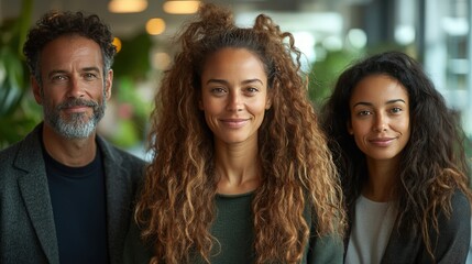Fototapeta premium Professional Group Portrait of Three Diverse Individuals Smiling in a Bright Office Environment Surrounded by Greenery and Natural Light