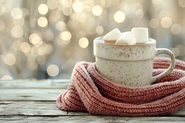 Steaming hot mug of hot chocolate with marshmallow on red woolen scarf.