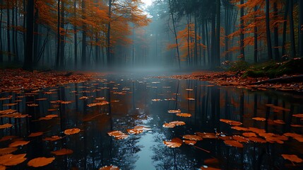 Fototapeta premium Autumnal forest stream, misty path reflection, fall leaves, nature background, tranquil scene