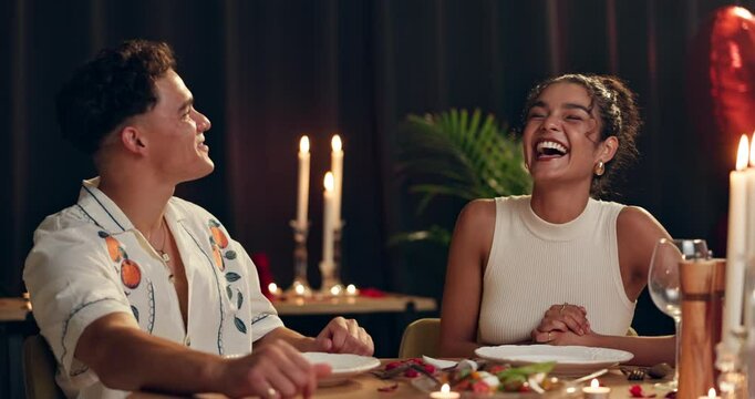 Smile, couple and talking on date at restaurant with romance, valentines day celebration and fine dining. Happy, people and communication for anniversary, commitment and roses of hospitality service
