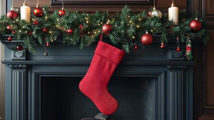 Festive fireplace with hanging red stocking and candlelit garland decoration - Powered by Adobe