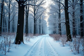 Snowy forest path with bare tree branches stretching upwards, trees, frost, bare