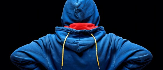 Faceless man in hoodie standing isolated on black.