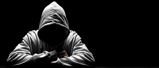 Faceless man in hoodie standing isolated on black.