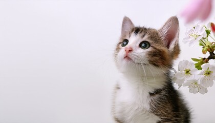 シンプルな白背景に顔をのぞかせる子猫が伝える春の爽やかさ
