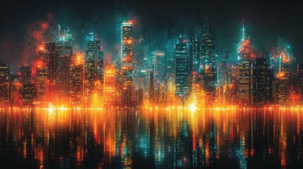 Vibrant City Skyline at Night with Stunning Reflections and Brilliant Lights Emphasizing the Beauty of Urban Landscapes Captured in a Dazzling Color Palette