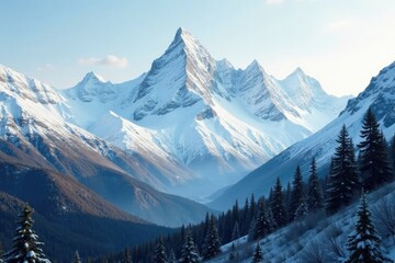 Snowy mountain peaks and ridges with a backdrop of evergreen trees in the Alaskan wilderness, rugged terrain, alaska