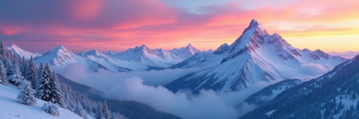 Fototapeta premium Snowy mountain peaks with misty sunrise and dawn light, peak, dawn