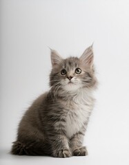 真っ白な背景の中、ふわふわの子猫がちょこんと佇み、春の温もりを感じるデザイン
