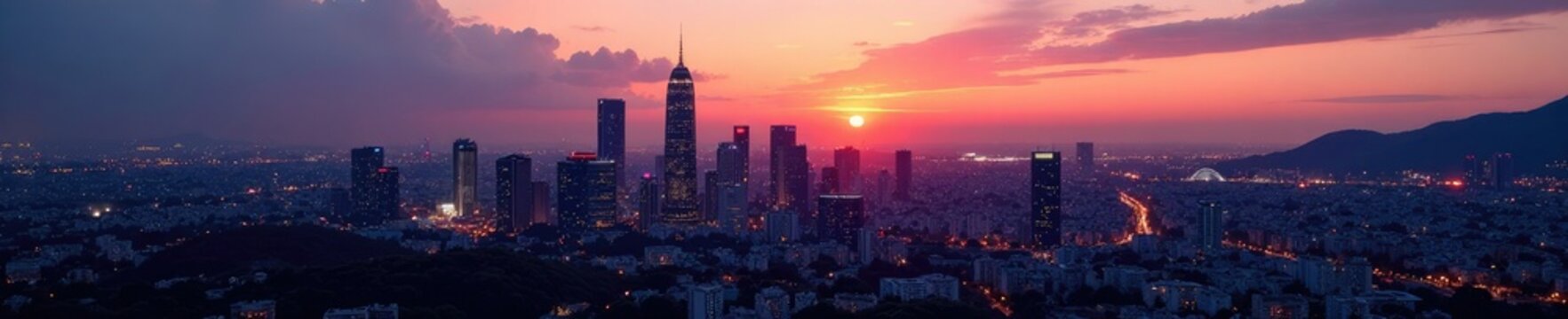 Vista panor?mica de la ciudad con torres y edificios iluminados al atardecer, arquitectura, horizonte, panorama