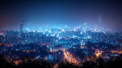 Night cityscape panorama, urban lights, elevated view, sprawling metropolis, background hills, travel poster