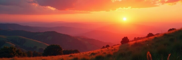 Obraz premium Warm gentle hues of a sunset over rolling hills, calm, natural light, sunset