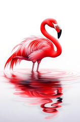 Fototapeta premium A pink flamingo is standing in a body of water. The water is calm and the flamingo is the only thing visible in the image. The flamingo is the main focus of the image