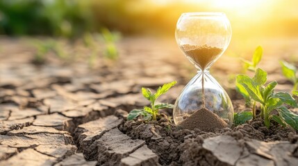 Hourglass on Dry Soil Symbolizing Time and Growth in Nature