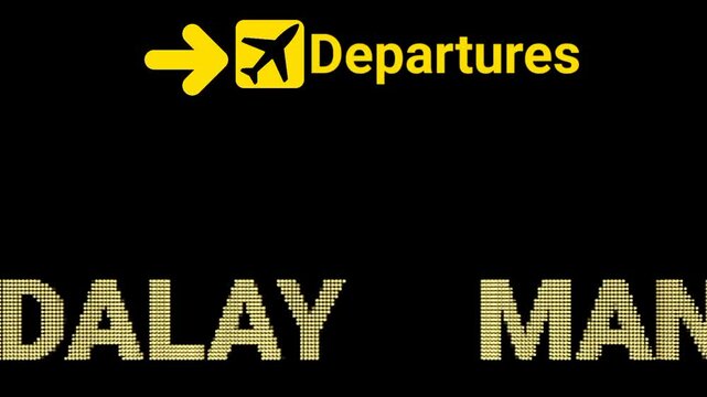 LED Text Sign Board Animation Displaying Departures at MANDALAY Airport. Suitable for airline marketing, travel content, aviation infographics, digital advertising, and explainer videos