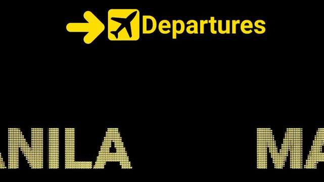 MANILA Airport Animated Departures Board with LED Text on Black Background. Suitable for flight status updates, airport branding, motion graphic projects, and online travel platforms