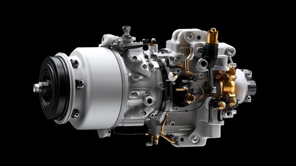 Aircraft engine cutaway, isolated black background, industrial design