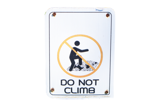 Signs white plastic future board DO NOT CLIMB. sign attached to wooden fence: Sign: Do not climb over fence. Icon symbol of person climbing mountain. Isolated on cut out PNG or transparent background.