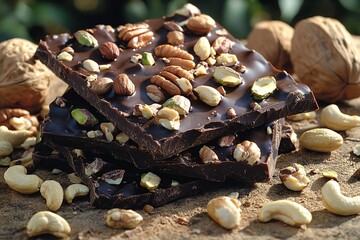 Lustrous dark chocolate bark studded with pistachios, cashews, and pecans, accompanied by scattered nuts.