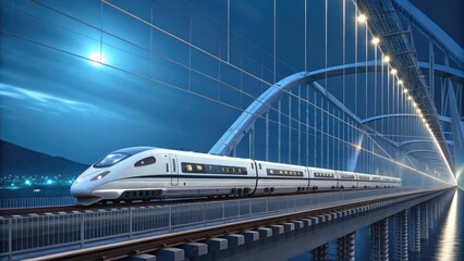 Fototapeta premium High-speed train crossing a modern bridge at night