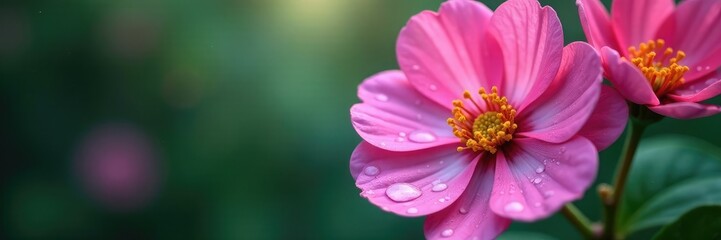 Water droplets clinging to delicate pink petals, blossoms, raindrops, flower power