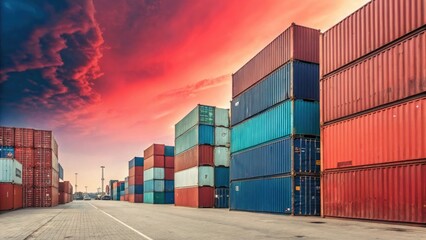 Fototapeta premium Colorful shipping containers stacked at sunset