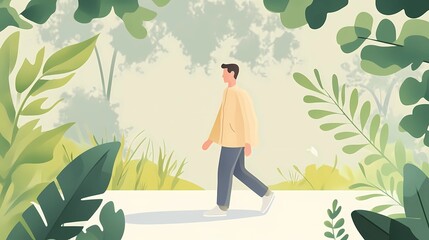 A man walking outdoors surrounded by greenery representing a mindful connection with nature during a work break, mindfulness concept