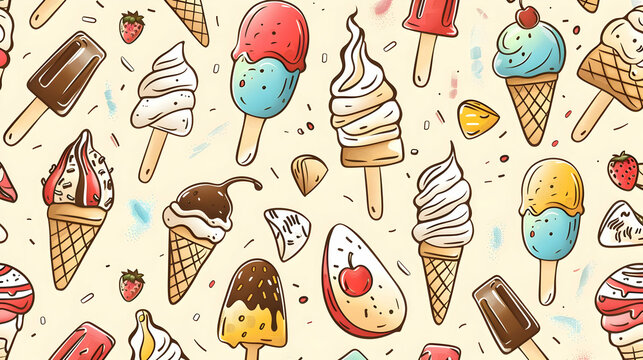 Colorful and playful ice cream pattern featuring various cones and popsicles on a light background