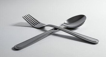 Minimalist composition of silver fork and spoon on a seamless white surface