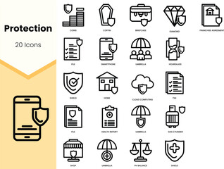 A collection of 20 icons representing various aspects of protection, featuring symbols like a shield, umbrella, and a smartphone.