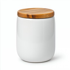 White Ceramic Jar with Light Brown Wooden Lid