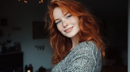 Beautiful Redhead Woman with Freckles in Grey Sweater - Natural Indoor Portrait