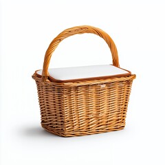 Brown Wicker Picnic Basket with White Lid on White Background