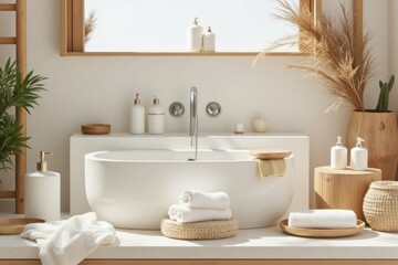 Fototapeta premium Modern Minimalist Bathroom Design With Freestanding Tub