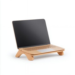 Laptop On Light Brown Wooden Stand, Minimalist Product Shot On White Background