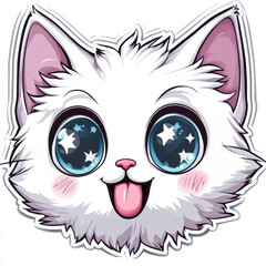 Fototapeta premium Whimsical Cat Portrait: A charming white kitten with sparkling star-filled eyes and a playful pink tongue sticks out in a cartoon-like portrait, capturing a playful and adorable moment. 
