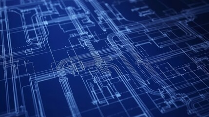 Intricate engineering piping blueprints in various shades of blue.