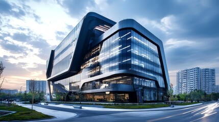 Fototapeta premium Bright and airy workspace created by a stunning glass curtain wall.