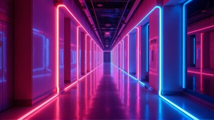 Neon Lit Corridor Pink And Blue Walls