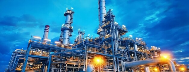 Fototapeta premium The striking beauty of an illuminated oil refinery at dusk.