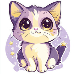 Fototapeta premium Starry-Eyed Kitten: An adorable cartoon kitten with captivating, starry eyes sits amidst a shower of glittering stars, exuding cuteness and whimsy.