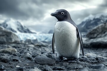 Obraz premium Adorable Adélie Penguin Chick Standing On Rocky Ground Near Glacier, Antarctica.