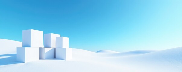 Fototapeta premium Snowy landscape with white boxes scattered on blue sky, decoration, blue, sky
