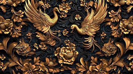 Elegant Golden Birds with Floral Accents Carved Into Dark Background Luxurious Detailed Design.
