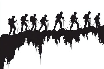 Silhouette of climbers roped together traversing a precarious mountain ridge. Illustrates teamwork, perseverance, and overcoming challenges.