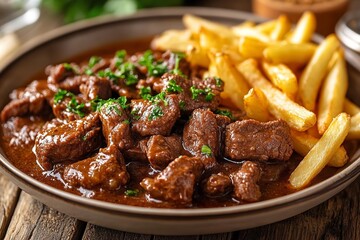Close-up of a plate of Flemish stew with crispy French fries, highlighting the rich beer sauce and tender beef, served on a wooden table in a warm, rustic kitchen adorned