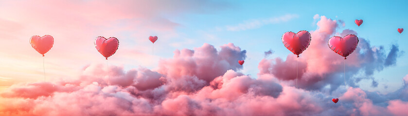 Obraz premium Colorful heart-shaped balloons drift joyfully through vibrant, fluffy clouds at sunset.