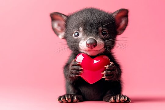 Marketing idea. Tasmanian satan - my cherished animal. Cute tasmanian beast baby with diamond red heart - emblem of love, funny greeting card. Marketing concept creative design idea.
