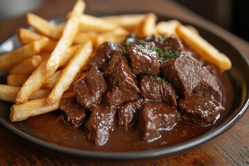 Close-up of a plate of Flemish stew with crispy French fries, highlighting the rich beer sauce and tender beef, served on a wooden table in a warm, rustic kitchen adorned