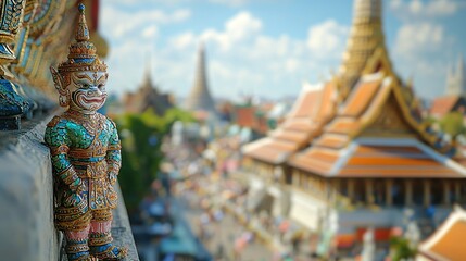 Fototapeta premium Guardian Statue at the Grand Palace Bangkok Thailand Overlooking Cityscape Aerial Panorama.